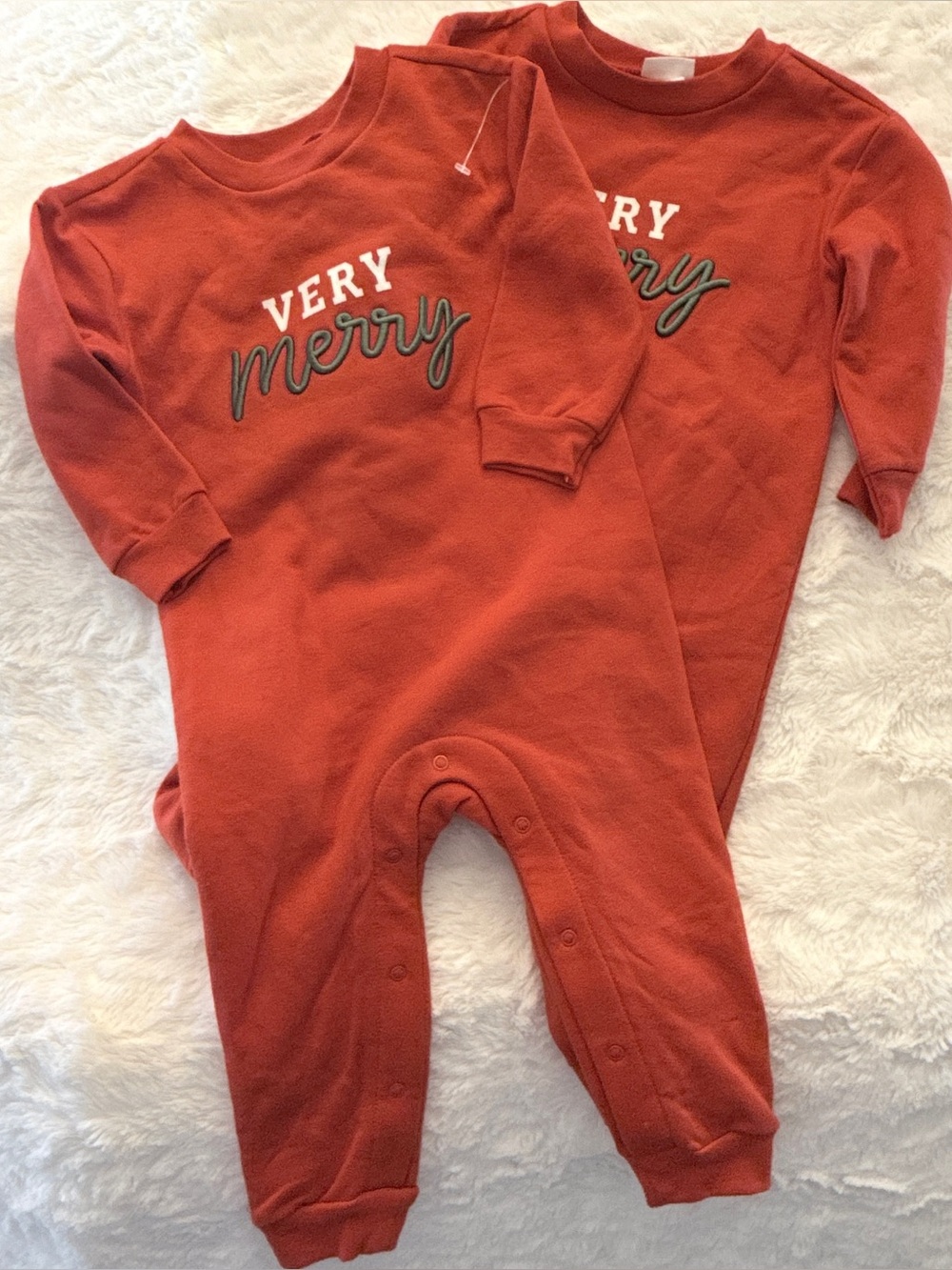 VERY MERRY Twins Lot of 2 Embroidered Christmas One Piece Outfits Sz 12m B